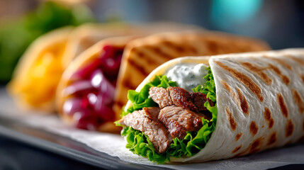 Close-up of assorted grilled wraps filled with juicy meat, lettuce, and sauce, showcasing vibrant street food flavors