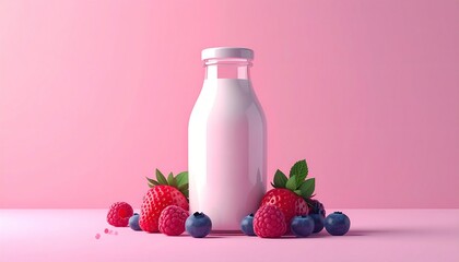 Fresh berry smoothie in a glass bottle with raspberries and blueberries on a pink background.