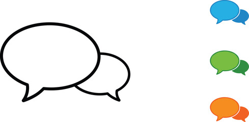 Speech bubble icon set, colorful chat symbols, black and white dialogue graphics, communication vector illustration for messaging, social media, customer support