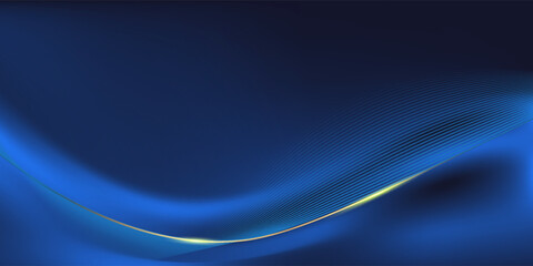3D gold curved dark blue ribbon on dark blue background with lighting effect and sparkle with copy space for text.