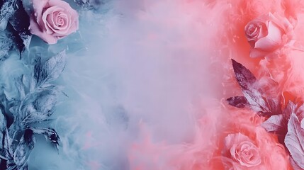 Delicate pink roses and foliage emerge from swirling colored smoke creating a dual-toned background composition