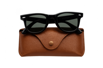 Black sunglasses resting on brown leather case