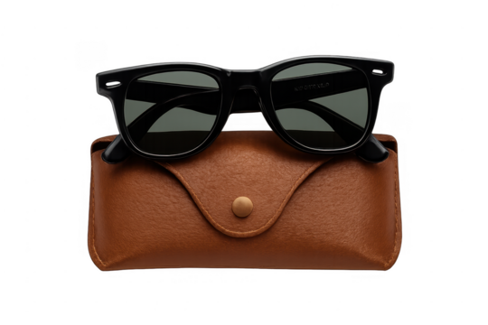 Black sunglasses resting on brown leather case