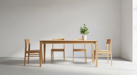 Fototapeta premium Serene modern dining set with light wood table and chairs, showcasing minimalist design and a touch of greenery for peaceful home interiors