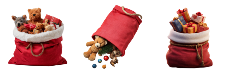 Christmas gift bag overflowing with toys and presents festive atmosphere joyful viewpoint transparent background	
