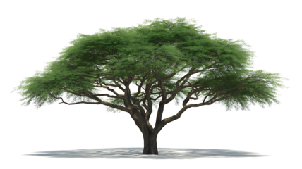 Large green tree on transparent background with broad canopy and visible root base a natural element for landscape designs