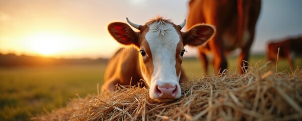 Young brown and white cow rests on hay bale at sunrise. Another cow stands in soft morning light on rural farm field. Peaceful domestic animal portrait with warm golden hour glow.