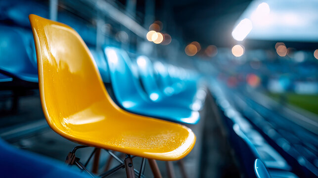 Single yellow chair standing out among blue seats in an empty stadium, symbolizing individuality
