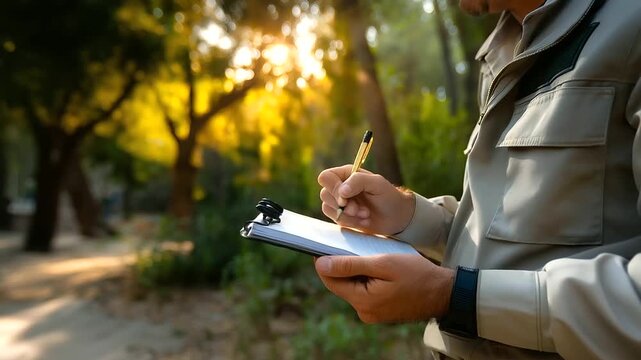 Faceless forest ranger taking notes under warm sunlight, defocused background of trees and foliage, theme of environmental stewardship, with copy space