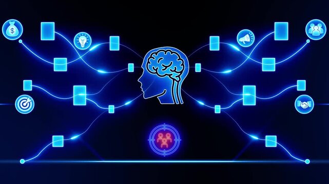Brain Network with Target Icon and Glowing Connections Keywords: brain, head, profile, silhouette, network, connection, glowing, blue, technology, digital, data, information, communication, ideas