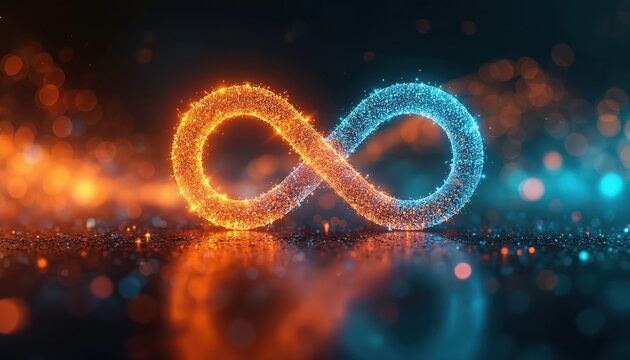 Glowing infinity symbol made of particles on dark blurred background. Orange and blue lights mix, symbolizing endless data flow, digital transformation, and futuristic connection concepts.