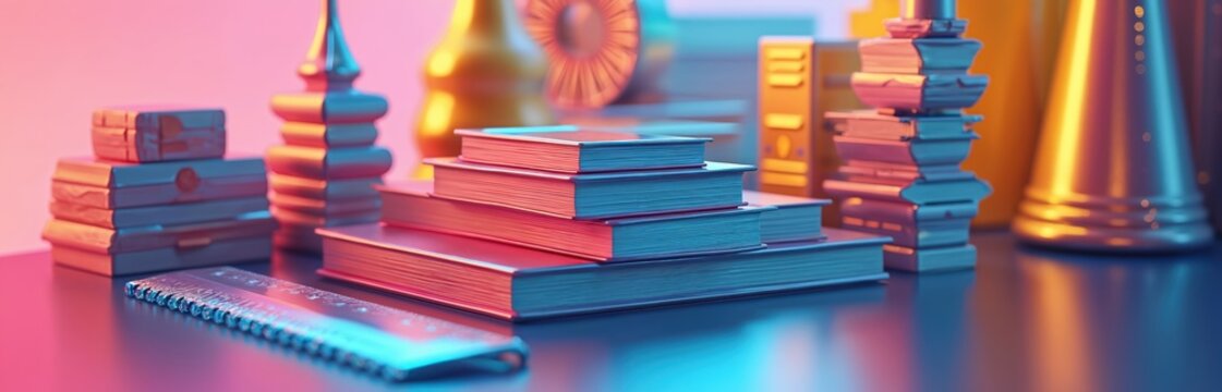 Books and study tools art. Stacked books, ruler, office supplies on table. Gradient colored back to school study abstract. Education concept background for web banner, social media cover. - Powered by Adobe