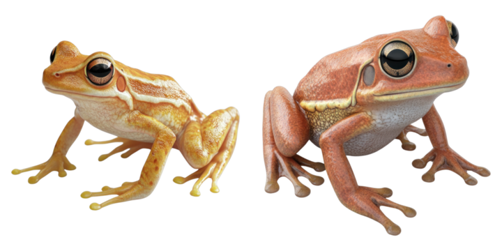 Two frogs, one orange and one light yellow, posing side by side. Each frog is facing a different direction with a unique pattern on its skin