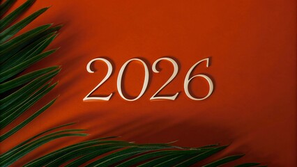 Bright Orange Background With 2026 And Palm Leaves For New Year Theme