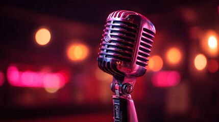 Classic style metallic vocal transducer stands ready under vibrant stage illumination