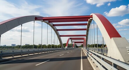 Obraz premium Modern arch bridge with striking red and white steel structure over empty highway against blue sky and clouds on a sunny day