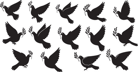 Peace dove silhouette vector set, flying bird with olive branch, black icon collection, symbol of harmony, freedom, hope, spirituality, unity