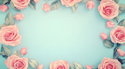 Pink roses and foliage frame a pale blue background space for text