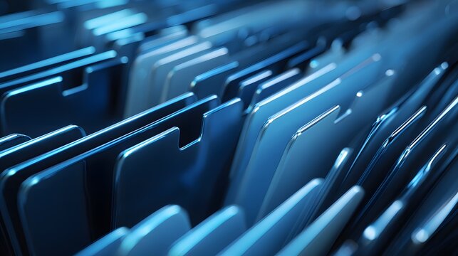 Rows of metallic file tabs glow with cool blue illumination in a close up view