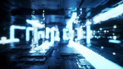 An intricate 3D digital network, luminescent data particles flow through radiant geometric conduits in soft azure neon light. Smooth tracking video zooms into a node, transforming data into a bright - Powered by Adobe