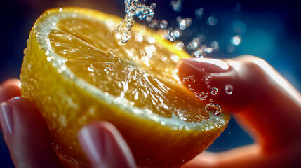 Close-up of a hand squeezing a fresh lemon with splashing droplets, evoking freshness, vitality, and sensory detail