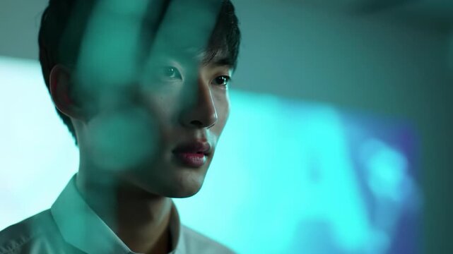 A modern ethnically ambiguous professional lifts gaze, face illuminated by cool teal/blue digital light reflections. Clean minimalist background with abstract tech glow. Concept of human-tech synergy