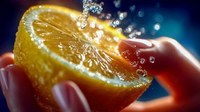 Close-up of a hand squeezing a fresh lemon with splashing droplets, evoking freshness, vitality, and sensory detail