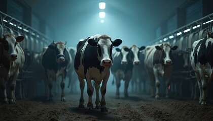 Holstei cows stand in a modern barn. Automated milking machines connect to a glowing IoT network. Technology improves farm efficiency and dairy production.