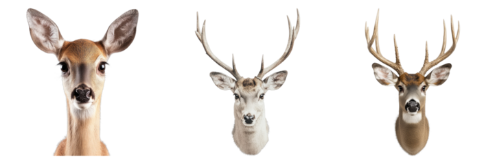 Deer face portraits showcasing different expressions and features, with various antlers.