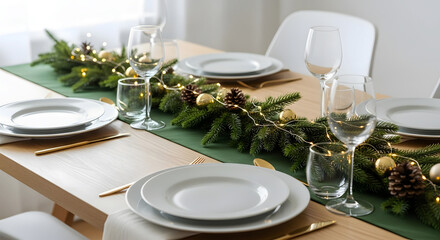 Fototapeta premium Elegant Christmas dining table setup with greenery and ornaments 