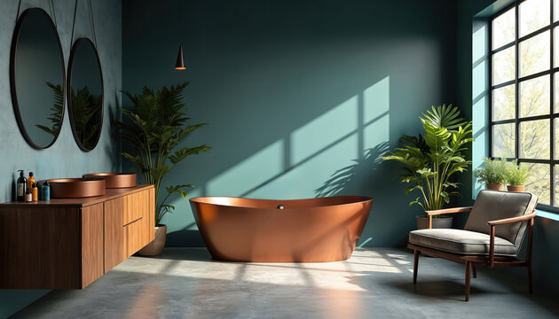 Modern bathroom with copper bathtub, double vanity. Natural light streams through large window, illuminating plants, concrete floor. Comfortable chair adds touch of warmth. Room features deep teal - Powered by Adobe