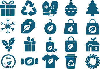 Ecofriendly christmas and new year vector icon set isolated on white background contains gift, recycle, mitten, ornament, tree, snowflake, tag, bag, candle, and more