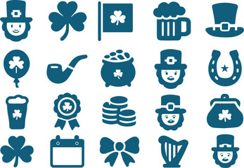 St patricks day icon set isolated on white background, featuring symbols of irish culture and celebration in a simple black silhouette style