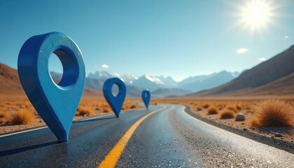 Blue map pin markers show way on winding asphalt road across desert landscape with distant snowy mountains. Sun shines brightly in clear sky.