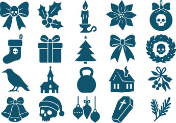 Gothic christmas and new year vector icon set isolated on white background contains bow, holly, candle, poinsettia, skull, stocking, gift, tree, crow, church, and more