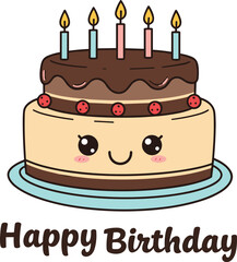 Cute cartoon birthday cake vector, smiling layered dessert with candles, happy celebration icon for greeting card, festive party, kids illustration, fun design