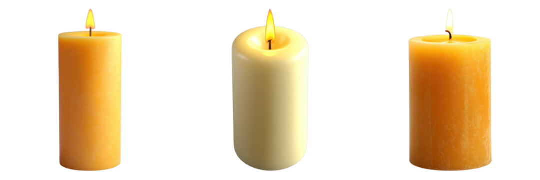 Three lit candles in different shades glow brightly