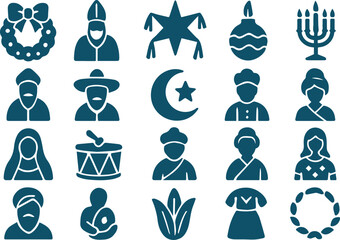 Diverse cultural and religious holiday icons isolated on white background, featuring symbols of various celebrations and traditions worldwide, in a simple black silhouette style