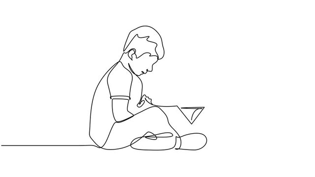 Animated self drawing of continuous line draw kids, boy and girls reading book vector. Full length animation video