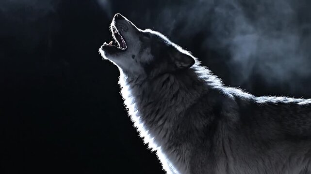A lone wolf howling at the moon in the dark night.