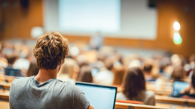 Student with curly hair seated in lecture hall, focused on laptop screen, surrounded by classmates, engaged in educational process and learning environment