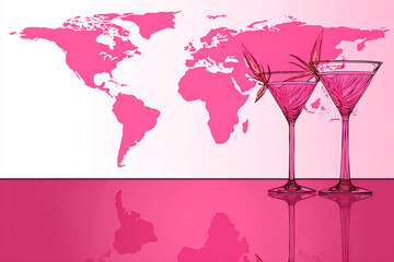 Illustration of pink martini in a modern setting with world map backdrop