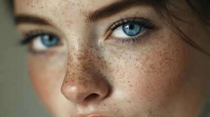 Obraz premium Extreme close up focuses on intense blue eyes and abundant freckles across a person's face