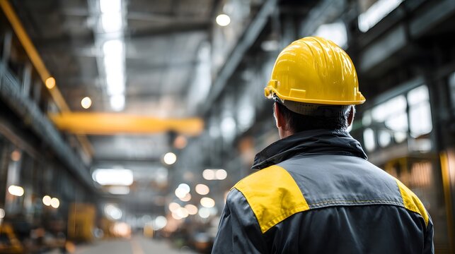 Industrial worker wearing protective headwear surveys large manufacturing facility interior