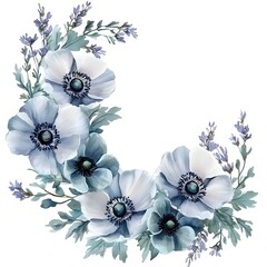 Delicate watercolor illustration features an arrangement of pale blue and white blossoms with accompanying lavender sprigs forming a crescent shape