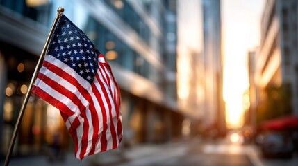 Waving national banner displayed prominently against a sunlit urban background