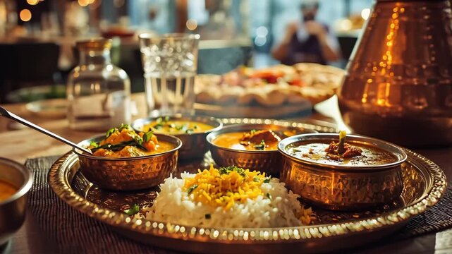 Traditional indian thali meal served in copper bowls with rice and bread, 4k video