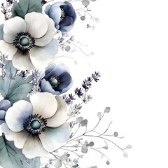 Watercolor floral arrangement features white and deep blue blossoms with muted green foliage on a white background