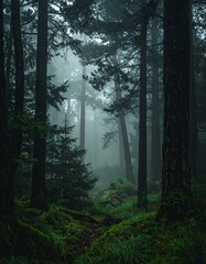 Obraz premium Moody Dark Green Forest with Soft Fog Minimalist Nature Wallpaper