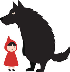 Little Red Riding Hood vector, black wolf illustration, fairy tale scene, children story art, forest danger concept, stylized cartoon characters